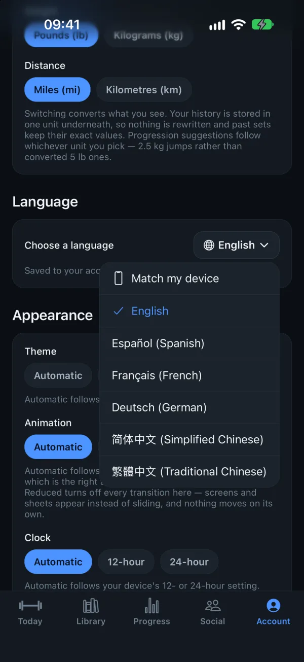 The language picker listing English, Spanish, French, German, Simplified Chinese and Traditional Chinese.