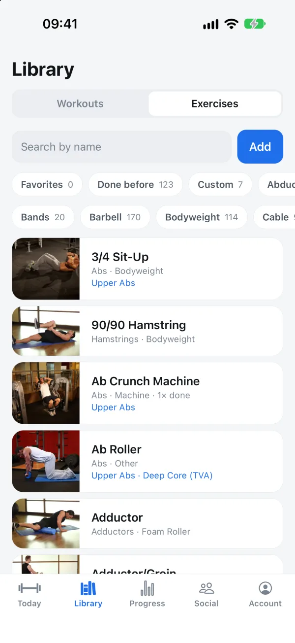 The exercise library, filtered by equipment, with a photo beside every exercise.